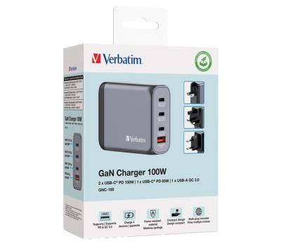 Adattatore da viaggio GNC-100 - 2x USB-C PD 1x USB-C PD 65W - 1x USB-A QC 30-100W - Verbatim - 32202 - 23942322023 - DMwebShop - 1