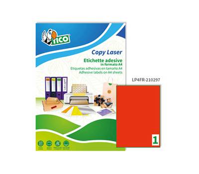 Etichetta adesiva LP4F permanente 210 x 297 mm 1 etichetta per foglio rosso fluo conf 70 fogli A4 Tico LP4FR 210297 - 17046