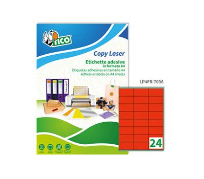 Etichette adesive LP4F carta con margini permanenti 70 x 36 mm 24 etichette per foglio 70 fogli rosso fluo Tico LP4FR 7036 - 17059