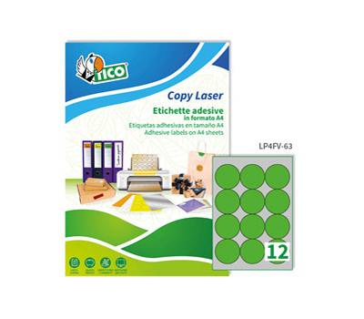 Etichette adesive tonde LP4F carta con margini permanenti diametro 63,5 mm 12 etichette per foglio 70 fogli verde fluo LP4FV - 17148