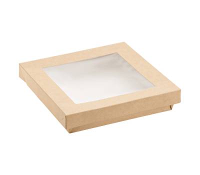Scatola da asporto - con finestra trasparente - 18 x 18 x 5 cm - carta kraft-PE - avana - conf. 20 pezzi - Leone - H0718 - 8024112002495 - DMwebShop - 1