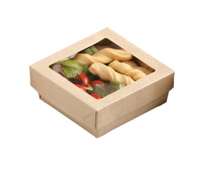 Scatola da asporto - con finestra trasparente - 18 x 18 x 5 cm - carta kraft-PE - avana - conf. 20 pezzi - Leone - H0718 - 8024112002495 - DMwebShop - 2