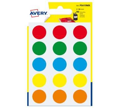 Etichette adesive tonde PSA - in carta - permanenti - diametro 19 mm - 15 etichette per foglio - 6 fogli - colori assortiti - Avery PSA19MX - 5014702026454 - DMwebShop