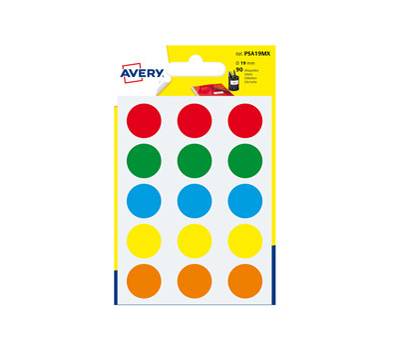 Etichette adesive tonde PSA - in carta - permanenti - diametro 19 mm - 15 etichette per foglio - 6 fogli - colori assortiti - Avery PSA19MX - 5014702026454 - DMwebShop