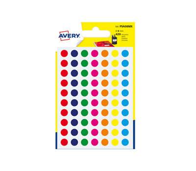Etichette adesive tonde PSA - in carta - permanenti - diametro 8 mm - 70 etichette per foglio - 6 fogli - colori assortiti - Avery - PSA08MX - 5014702026324 - DMwebShop