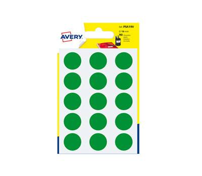 Etichette adesive tonde PSA - in carta - permanenti - diametro 19 mm - 15 etichette per foglio - 6 fogli - verde - Avery - PSA19V - 5014702026423 - DMwebShop