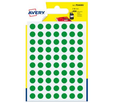 Etichette adesive tonde PSA - in carta - permanenti - diametro 8 mm - 70 etichette per foglio - 7 fogli - verde - Avery - PSA08V - 5014702026294 - DMwebShop