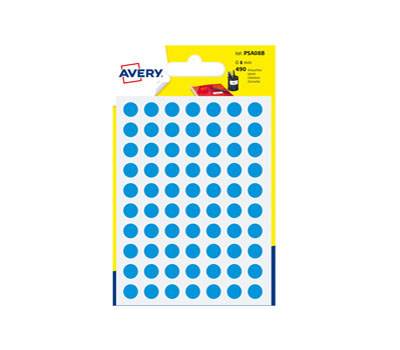Etichette adesive tonde PSA - in carta - permanenti - diametro 8 mm - 70 etichette per foglio - 7 fogli - blu - Avery - PSA08B - 5014702026287 - DMwebShop