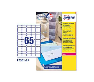 Etichetta in poliestere L7551 - permanente - 38,1 x 21,2 mm - 65 etic. per foglio - trasparente - conf. 25 fogli A4 - Avery - L7551-25 - 5014702005206 - DMwebShop