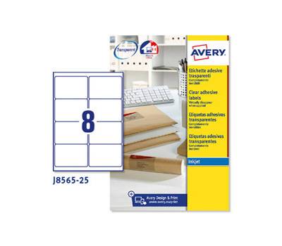 Etichette adesive J8565 - poliestere - rimovibili - 99,1 x 67,7 mm - 8 etic. per foglio - trasparente - conf. 25 fogli A4 - Avery - J8565-25 - 5014702011412 - DMwebShop
