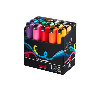Astuccio marcatore Uni Posca PC7M - punta tonda large 4,5 - 5,5 mm - colori assortiti - conf. 15 pezzi - Uni Mitsubishi - M PC7M 15C - 4902778228869 - DMwebShop