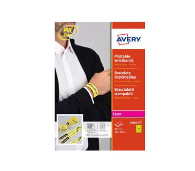 Braccialetti identificativi stampabili - giallo - 5 fogli - 10 et/fg - A4 - Avery - L4001-5 - 5014702134357 - DMwebShop