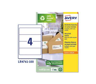 Etichette per raccoglitori in carta riciclata - 61 x 192 mm - 4 etichetta per foglio - bianca - laser - conf. 100 fogli - Avery - LR4761-100 - 4004182145180 - DMwebShop