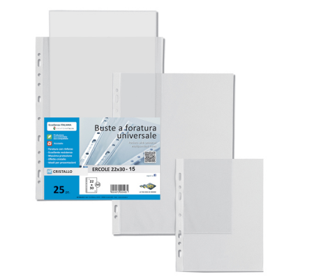 Buste forate Ercole PVC liscio - 22 x 30 cm - trasparente - conf. 25 pezzi - Sei Rota 502230