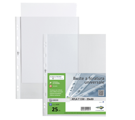 Buste forate Atla T - pesante liscio - 23 x 33 cm - trasparente - conf. 25 pezzi - Sei Rota 662317