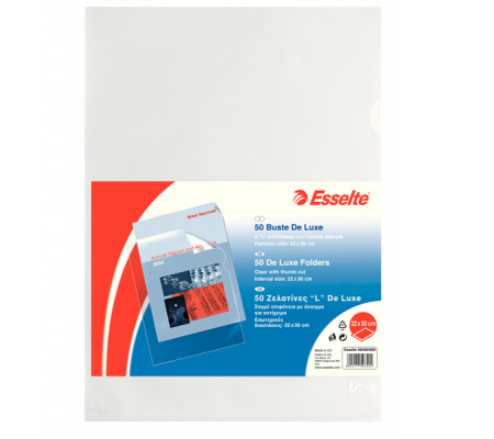 Cartelline a L De Luxe - PPL buccia - 22 x 30 cm - trasparente - conf. 50 pezzi - Esselte 395084000