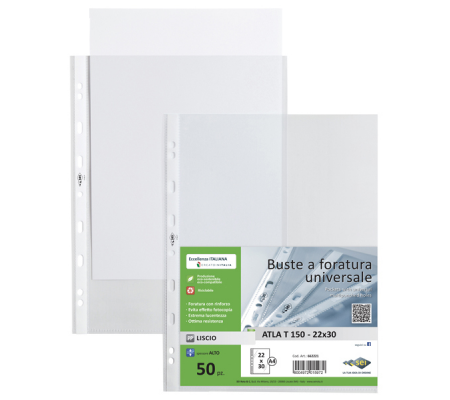 Buste forate Atla T - pesante liscio - 22 x 30 cm - trasparente - conf. 50 pezzi - Sei Rota 662221