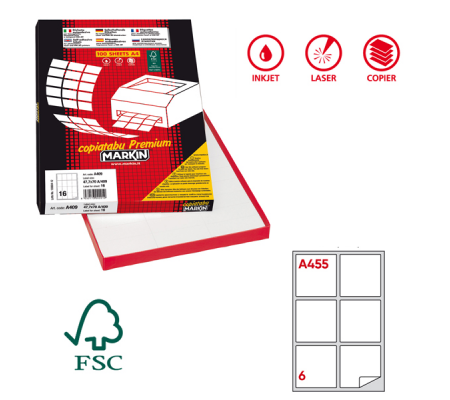 Etichetta adesiva A455 - permanente - 99,1 x 93,1 mm - 6 etichette per foglio - bianco - scatola 100 fogli A4 - Markin 210A455