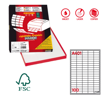 Etichetta adesiva A401 permanente bianco - 37 x 14 mm - 100 etichette per foglio scatola - conf. 100 fogli A4 - Markin 210A401
