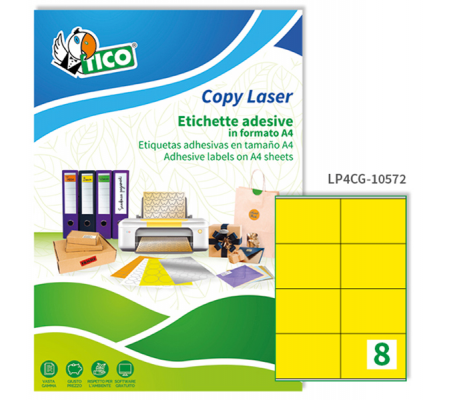 Etichetta adesiva LP4C - permanente - 105 x 72 mm - 8 etichette per foglio - giallo opaco - conf. 70 fogli A4 - Tico - LP4CG-10572 - 8007827192354 - DMwebShop
