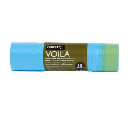 Sacchi per rifiuti con maniglie Voila' - 50 x 60 cm - 30 lt - 15 micron - azzurro - rotolo da 15 sacchetti - perfetto - 0359C - 8000957035935 - DMwebShop