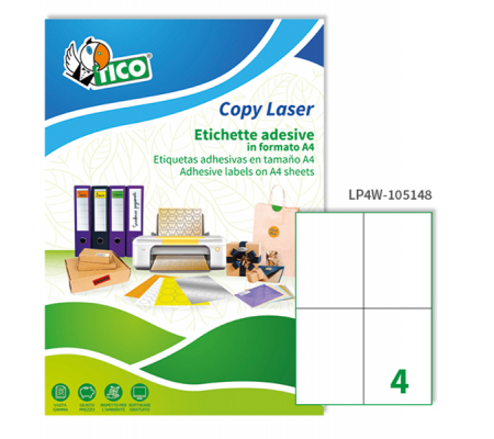 Etichetta adesiva LP4W - permanente - 105 x 148 mm - 4 etichette per foglio - bianco - conf. 100 fogli A4 - Tico - LP4W-105148 - 8007827290258 - DMwebShop