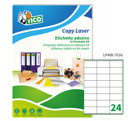 Etichetta adesiva LP4W - permanente - 70 x 36 mm - 24 etichette per foglio - bianco - conf. 100 fogli A4 - Tico - LP4W-7036 - 8007827290012 - DMwebShop