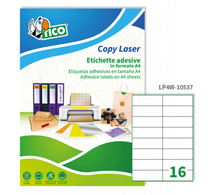 Etichetta adesiva LP4W - permanente - 105 x 37 mm - 16 etichette per foglio - bianco - conf. 100 fogli A4 - Tico - LP4W-10537 - 8007827290234 - DMwebShop