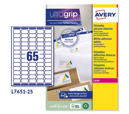 Etichette adesive L7651 - in carta - angoli arrotondati - laser - permanenti - 38,1 x 21,2 mm - 65 et-fg - 25 fogli - bianco - conf. 5 pezzi - Avery - L7651-25 - 5014702175428 - DMwebShop