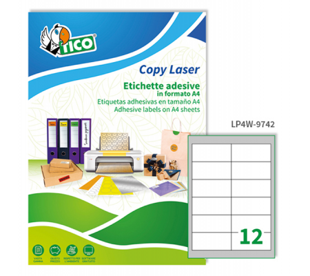 Etichetta adesiva Copy Laser LP4W - permanente - 97 x 42,3 mm - 12 etichette per foglio - bianco - conf. 100 fogli A4 - Tico - LP4W-9742 - 8007827291224 - DMwebShop