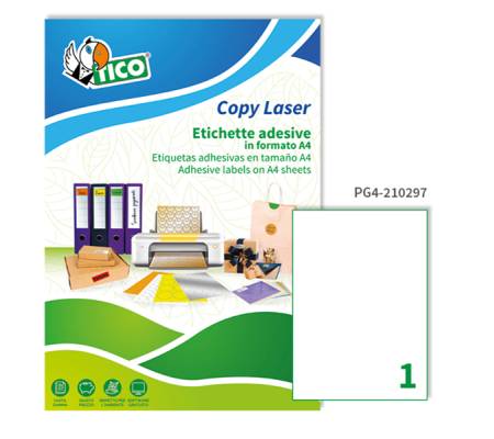 Etichetta adesiva PG4 - carta - permanente - 210 x 297 mm - 1 etichetta per foglio - bianco lucido - conf. 100 fogli A4 - Tico - PG4-210297 - 8007827242110 - DMwebShop