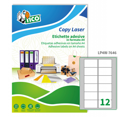 Etichetta adesiva LP4W - permanente - 76,2 x 46,4 mm - 12 etichette per foglio - bianco - conf. 100 fogli A4 - Tico - LP4W-7646 - 8007827290487 - DMwebShop