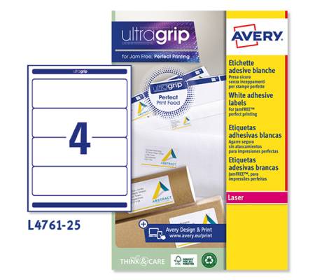 Etichetta adesiva L4761 - permanente - 192 x 61 mm - 4 etichette per foglio - bianco coprente - conf. 25 fogli A4 - Avery - L4761-25 - 4004182019252 - DMwebShop