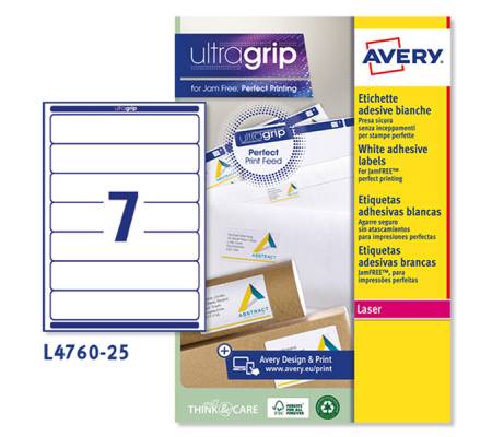 Etichetta adesiva L4760 - permanente - 192 x 38 mm - 7 etichette per foglio - bianca coprente - conf. 25 fogli A4 - Avery - L4760-25 - 4004182019238 - DMwebShop