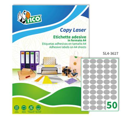 Etichette adesive ovali SL4 in carta permanenti 36 x 27 mm 50 etichette per foglio 100 fogli argento satinato Tico 3627 - 1903