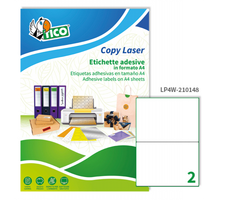 Etichetta adesiva LP4W - permanente - 210 x 148 mm - 2 etichette per foglio - bianco - conf. 100 fogli A4 - Tico - LP4W-210148 - 8007827290845 - DMwebShop