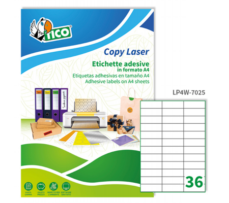 Etichetta adesiva LP4W - permanente - 70 x 25 mm - 36 etichette per foglio - bianco - conf. 100 fogli A4 - Tico - LP4W-7025 - 8007827290210 - DMwebShop
