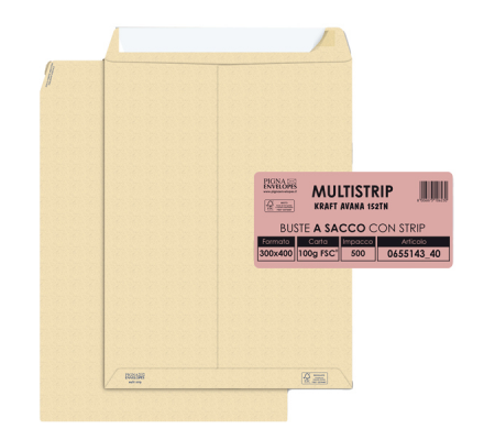 Busta sacco MULTI STRIP avana carta riciclata FSC strip adesivo - 300 x 400 mm - 100 gr - conf. 500 pezzi - Pigna - 065514340 - 8006873106230 - DMwebShop