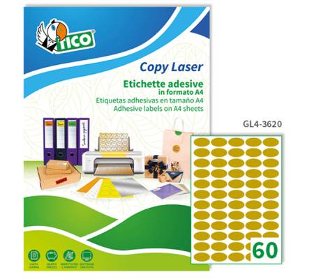 Etichetta adesiva GL4 - ovale - permanente - 36 x 20 mm - 60 etichette per foglio - satinata oro - conf. 100 fogli A4 - Tico - GL4-3620 - 8007827240048 - DMwebShop