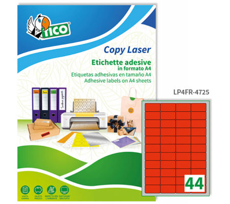 Etichetta adesiva LP4F - permanente - 47,5 x 25,5 mm - 44 etichette per foglio - rosso fluo - conf. 70 fogli A4 - Tico - LP4FR-4725 - 8007827270045 - DMwebShop