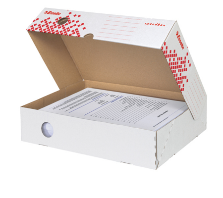 Scatola archivio Speedbox - dorso 8 cm - 35 x 25 cm - apertura totale - bianco e rosso - Esselte - 623910 - 4049793026008 - DMwebShop