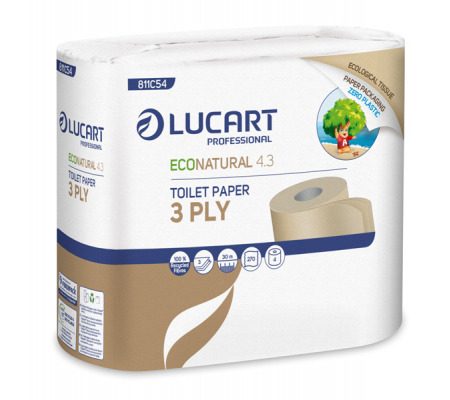Carta igienica EcoNatural 4.3 Plastic Free - 3 veli - 270 strappi - pacco 4 rotoli - Lucart 811C54 - 811C54J - 8059399001022 - DMwebShop