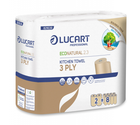 Asciugatutto EcoNatural 2.3 Plastic Free 3 veli 200 strappi pacco 2 rotoli - Lucart 821639 - 821639J - DMwebShop