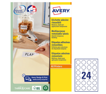 Etichette adesive L4851REV - carta bianca - rimovibile - Ø 37 mm - 24 etic. Per foglio - conf. 25 fogli A4 - Avery - L4851REV-25 - 5014702134135 - DMwebShop