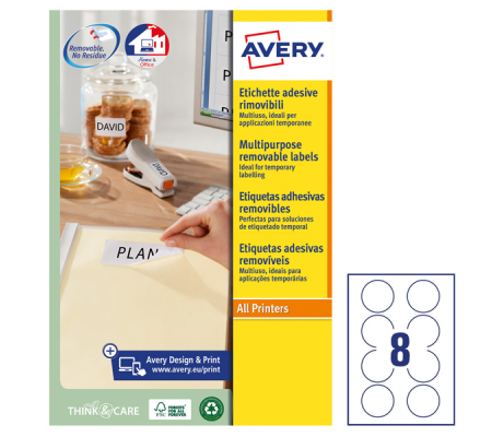 Etichette adesive L4852REV - carta bianca - rimovibile - Ø 63,5 mm - 8 etic. Per foglio - conf. 25 fogli A4 - Avery - L4852REV-25 - DMwebShop