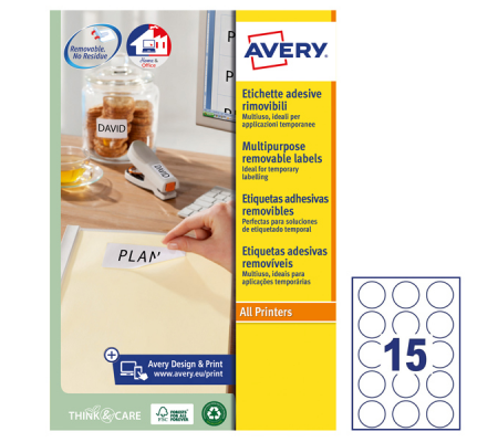 Etichette adesive L4853REV - carta bianca - rimovibile - Ø 51 mm - 15 etic. Per foglio - conf. 25 fogli A4 - Avery - L4853REV-25 - 5014702134159 - DMwebShop