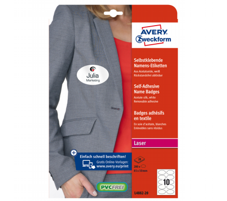 Etichette badge per tessuti ovali - 85 x 50 mm - 20 fogli - 10 etichette per foglio - laser - Avery - L4882-20 - DMwebShop
