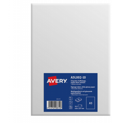 Etichette in carta bianca lucida - rimovibile - A3 - 1 etichetta per foglio - 10 fogli - Avery - A3L002-10 - 5014702086106 - DMwebShop