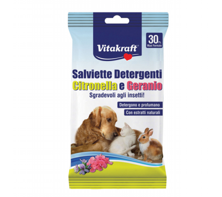 Salviette detergenti per pelo di animali (cani, gatti, roditori) - citronella e geranio - conf. 30 pezzi - Vitakraft - 22888 - 8007229228880 - DMwebShop
