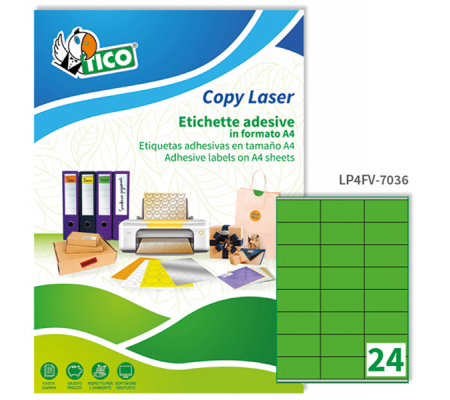 Etichetta adesiva LP4F - permanente - 70 x 36 mm - 24 etichette per foglio - verde fluo - conf. 70 fogli A4 - Tico - LP4FV-7036 - 8007827270144 - DMwebShop
